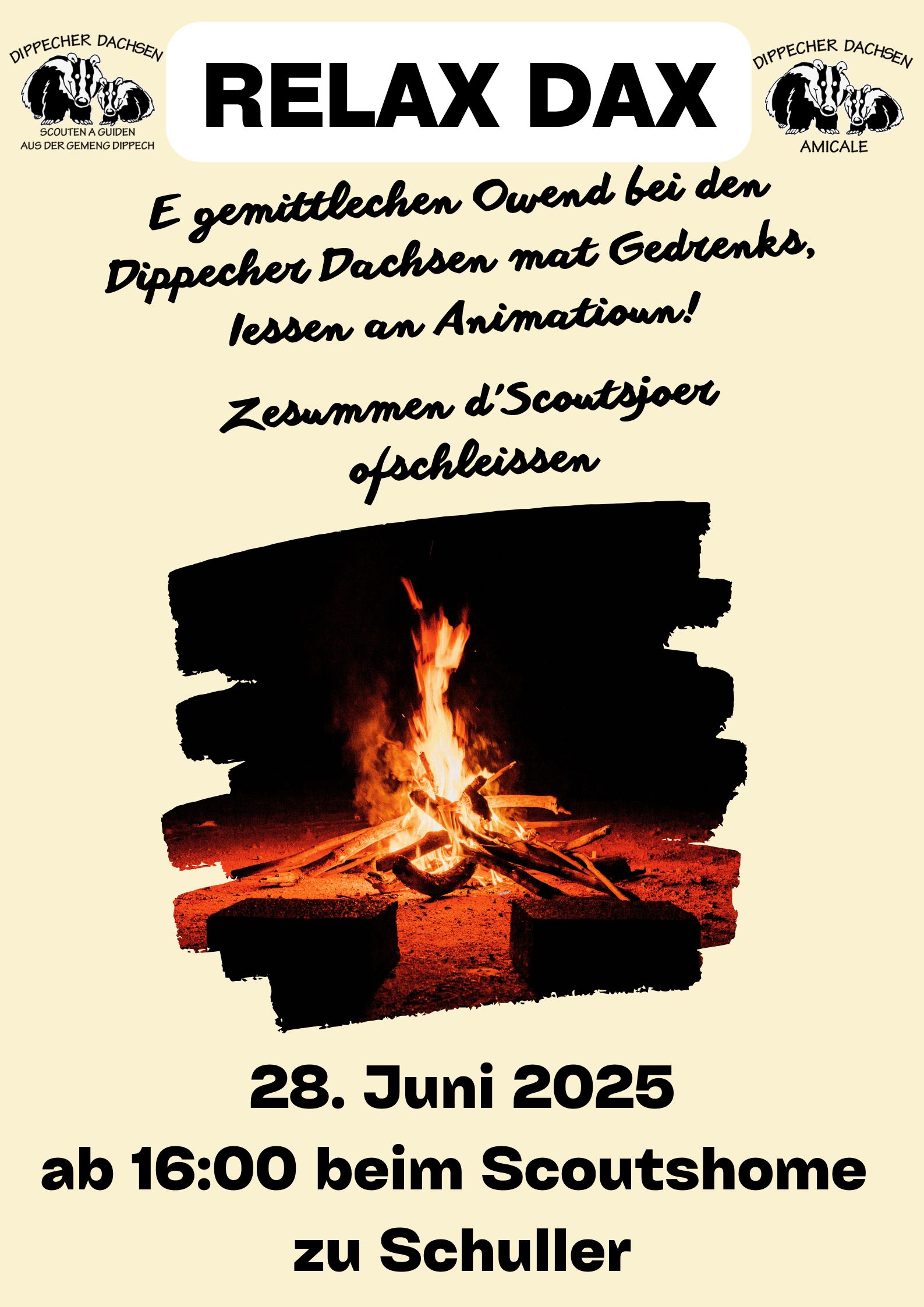 E gemittlechen Owend bei den Dippecher Dachsen mat Gedrénks, Iessen an Animatioun! Zesummen d’Scoutsjoer ofschléissen 28. Juni 2025 ab 16:00 beim Scoutshome zu Schuller